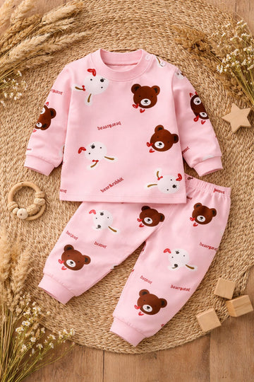 Baby Cotton Bear &amp; Bunny Print Co-ord Set | Soft Pink Top &amp; Bottom Outfit