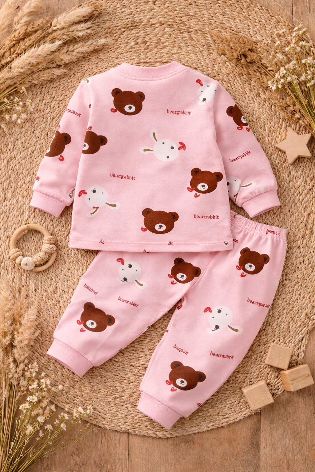 Baby Cotton Bear &amp; Bunny Print Co-ord Set | Soft Pink Top &amp; Bottom Outfit