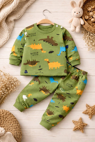 Baby Cotton Dinosaur Print Co-ord Set | Soft Green Top &amp; Bottom Outfit