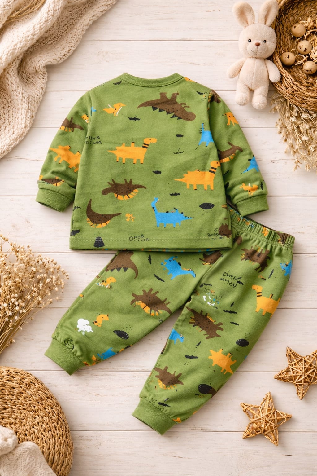 Baby Cotton Dinosaur Print Co-ord Set | Soft Green Top &amp; Bottom Outfit
