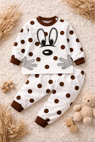 Baby Cotton Polka Dot Bunny Co-ord Set | Soft White &amp; Brown Top Bottom Outfit