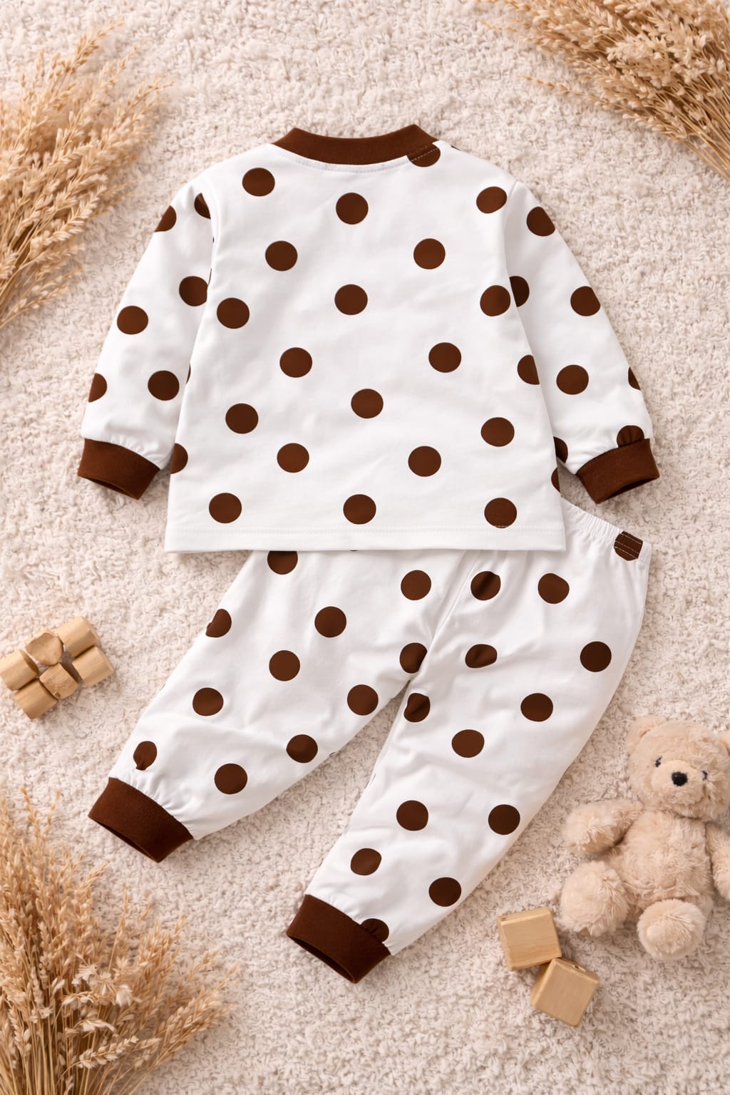 Baby Cotton Polka Dot Bunny Co-ord Set | Soft White &amp; Brown Top Bottom Outfit
