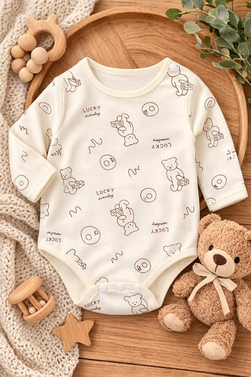 Baby Cotton Bear Print Bodysuit | Soft Full Sleeve Summer Romper