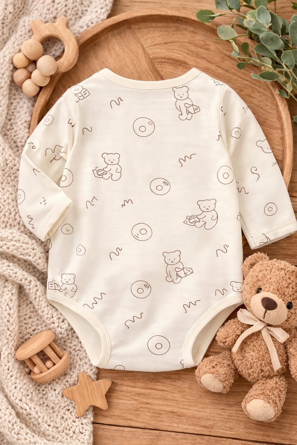 Baby Cotton Bear Print Bodysuit | Soft Full Sleeve Summer Romper