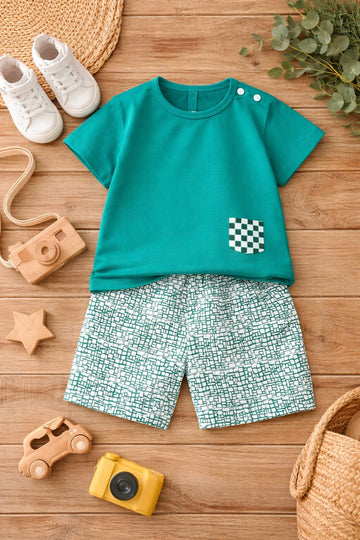 Baby Cotton Solid Green T-Shirt &amp; Printed Shorts Set | Soft Summer Co-ord Outfit