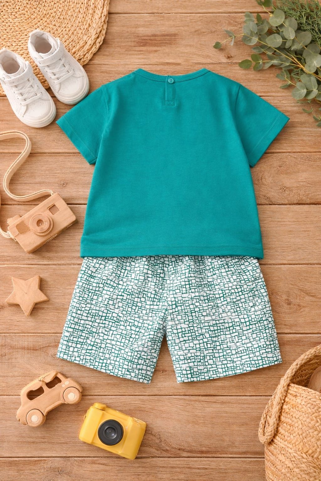 Baby Cotton Solid Green T-Shirt &amp; Printed Shorts Set | Soft Summer Co-ord Outfit