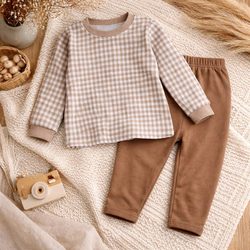 Baby Cotton Checked Co-ord Set | Soft Beige Top &amp; Brown Bottom Outfit