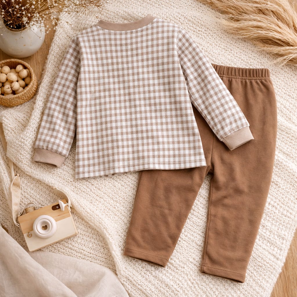 Baby Cotton Checked Co-ord Set | Soft Beige Top &amp; Brown Bottom Outfit
