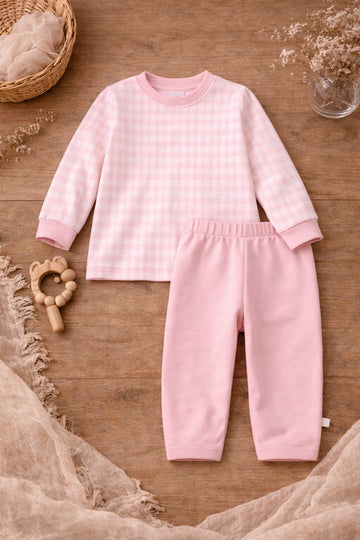 Baby Pink Cotton Checked Co-ord Set | Soft Top &amp; Bottom Outfit for Kids