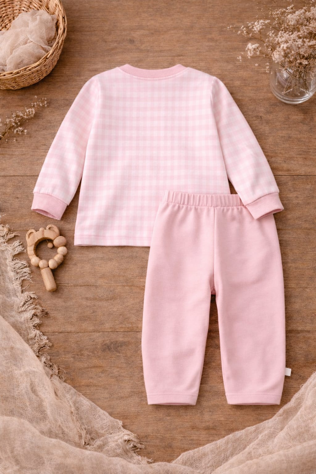 Baby Pink Cotton Checked Co-ord Set | Soft Top &amp; Bottom Outfit for Kids