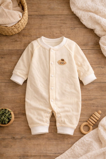 Baby Cotton Romper with Front Snap Buttons | Soft Long Sleeve Baby Onesie