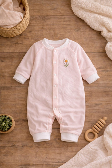 Baby Girl Cotton Romper with Floral Embroidery | Soft Long Sleeve Baby Onesie