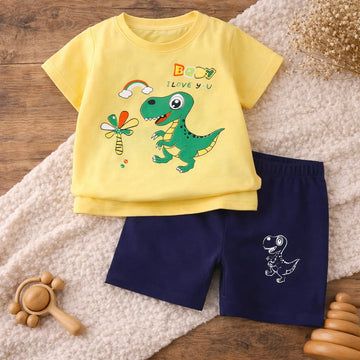 Baby Cotton Dino Print Co-Ord Set | Half Sleeve T-Shirt &amp; Shorts Set