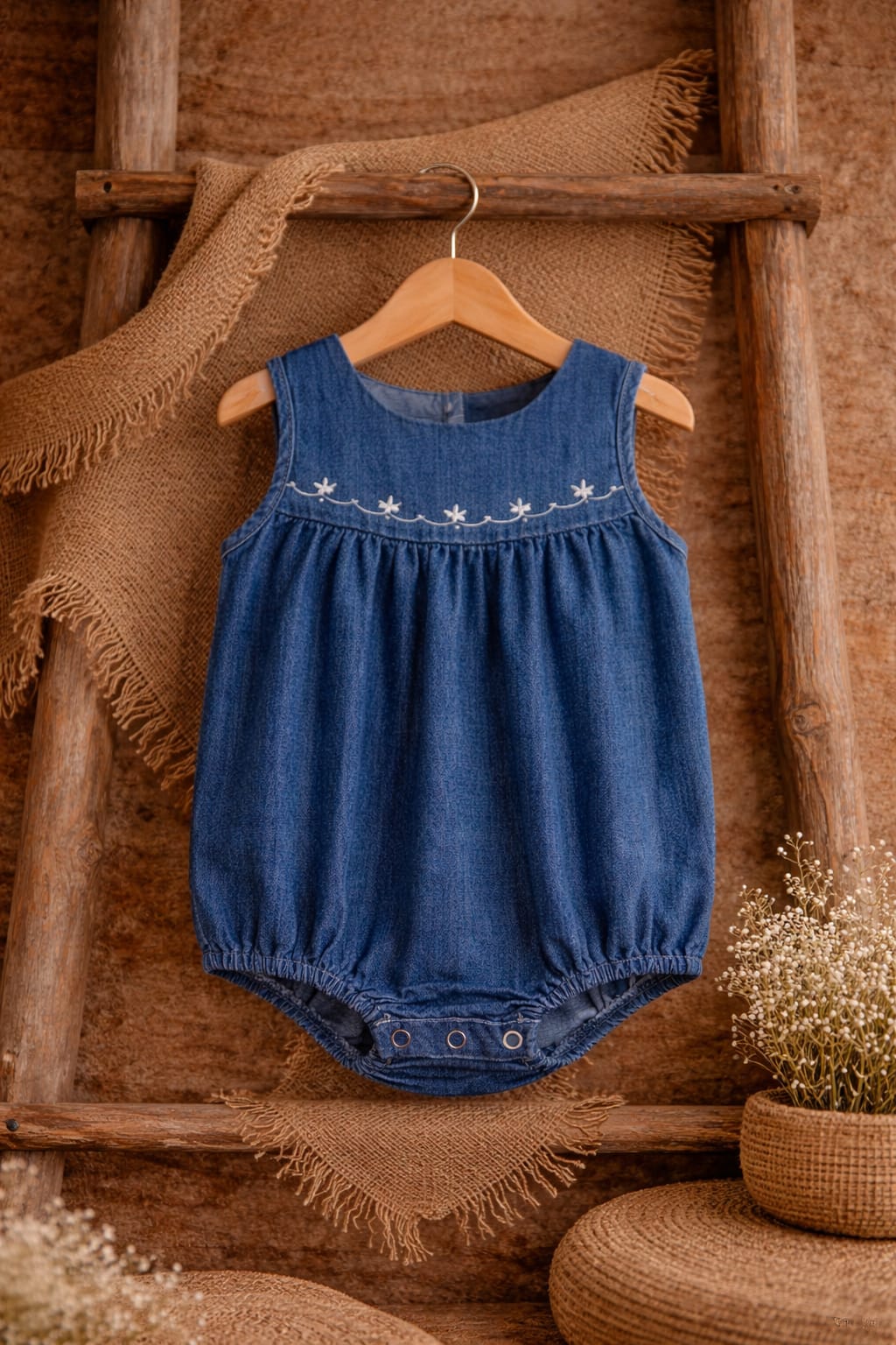 Baby Girl Denim Look Cotton Romper | Sleeveless Summer Outfit (100% Cotton)