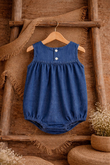 Baby Girl Denim Look Cotton Romper | Sleeveless Summer Outfit (100% Cotton)