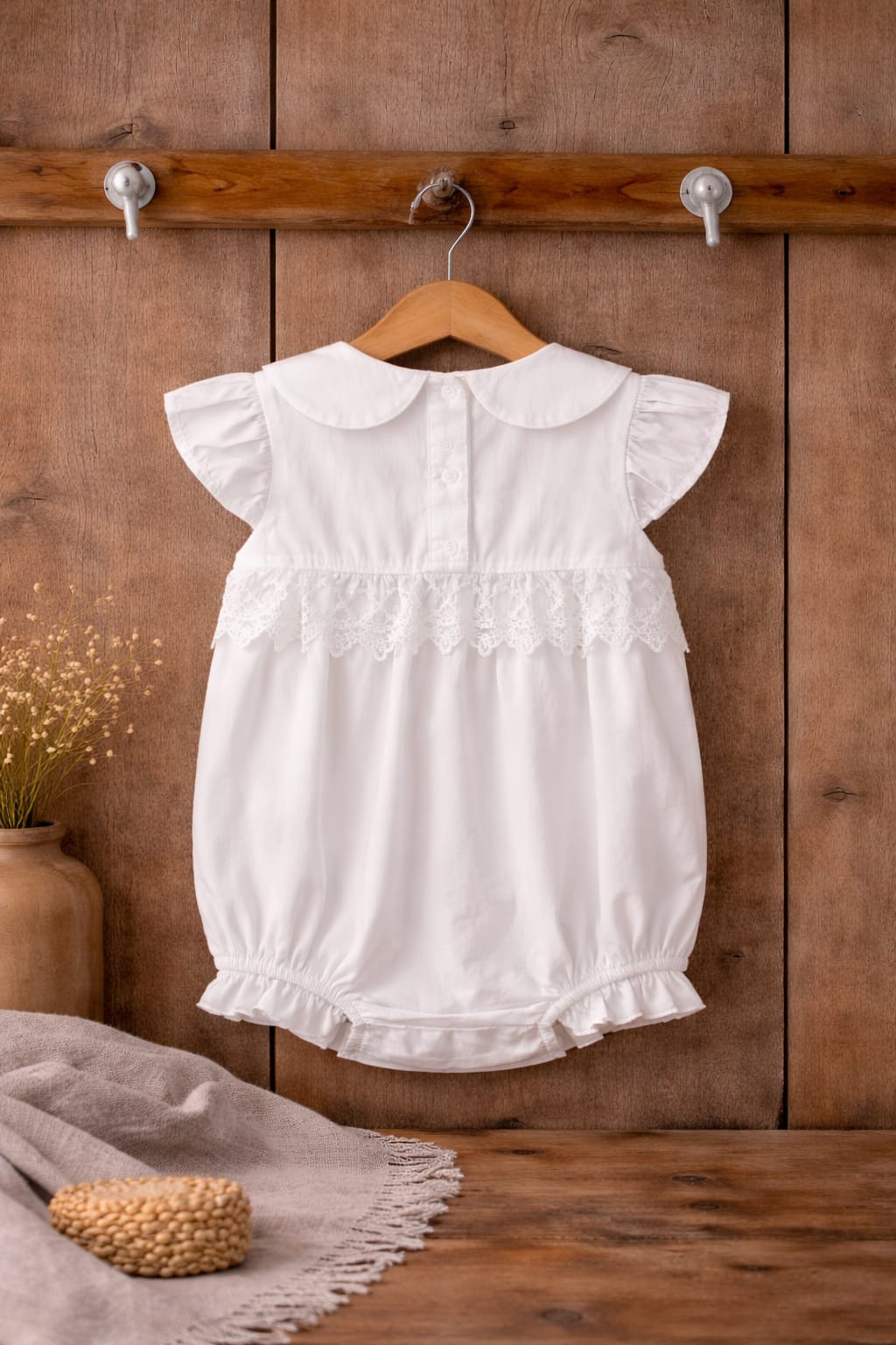 Baby Girl White Cotton Romper Dress with Lace &amp; Peter Pan Collar | Summer Outfit (100% Cotton)