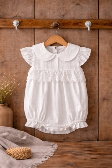 Baby Girl White Cotton Romper Dress with Lace &amp; Peter Pan Collar | Summer Outfit (100% Cotton)