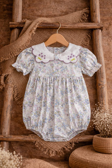 Baby Girl Floral Cotton Romper with Embroidered Collar | Soft Summer Outfit (100% Cotton)