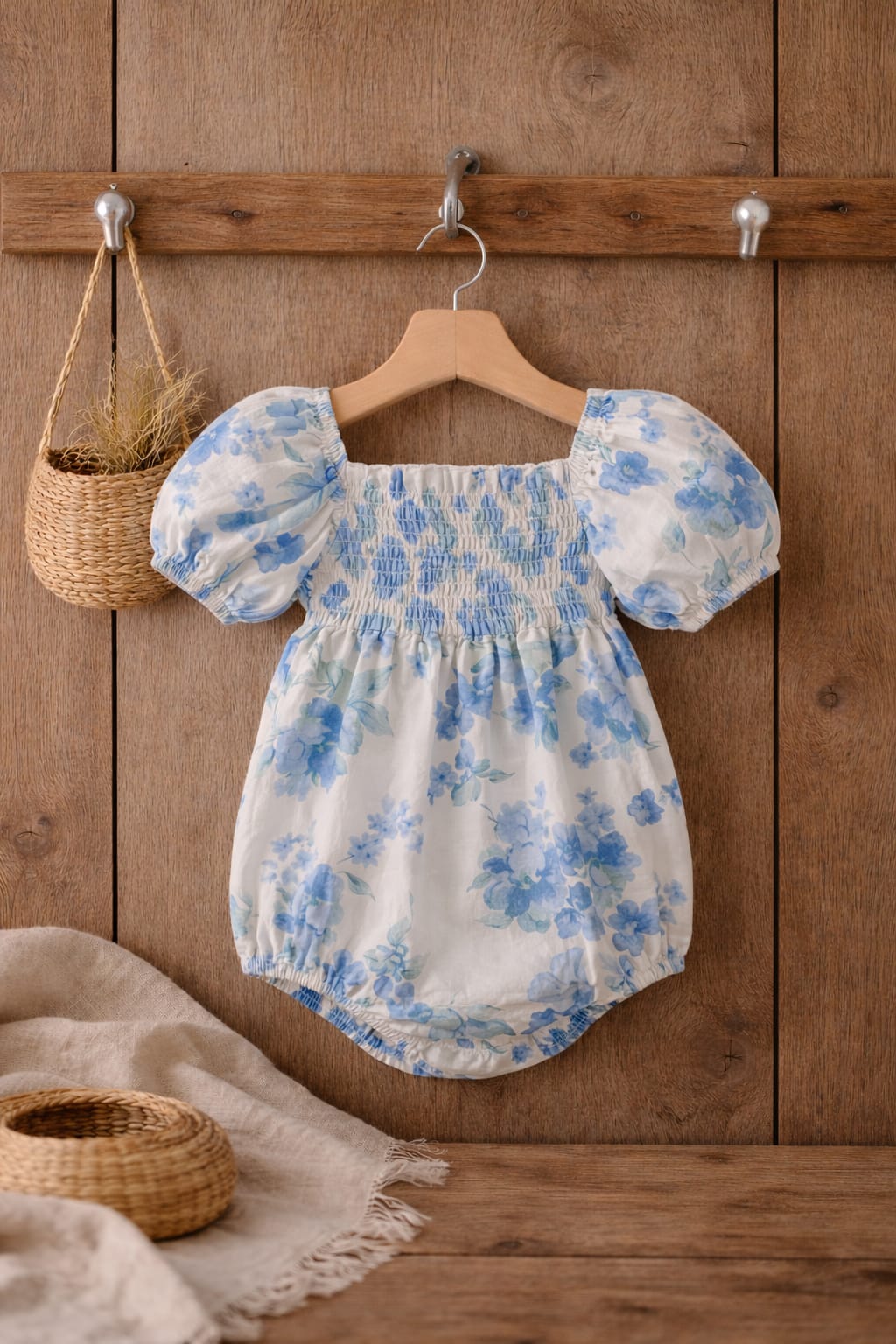 Baby Girl Blue Floral Cotton Romper with Smocked Detail &amp; Puff Sleeves | Summer Outfit (100% Cotton)