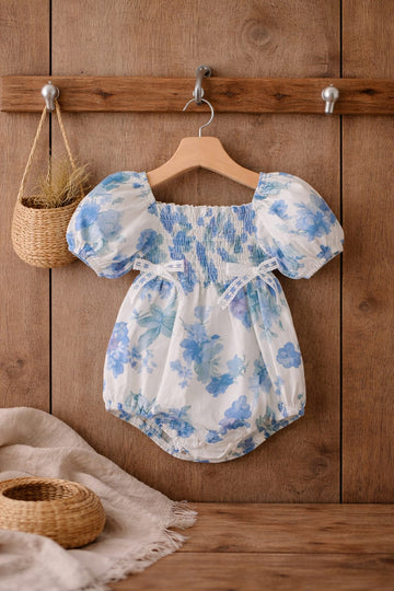 Baby Girl Blue Floral Cotton Romper with Smocked Detail &amp; Puff Sleeves | Summer Outfit (100% Cotton)