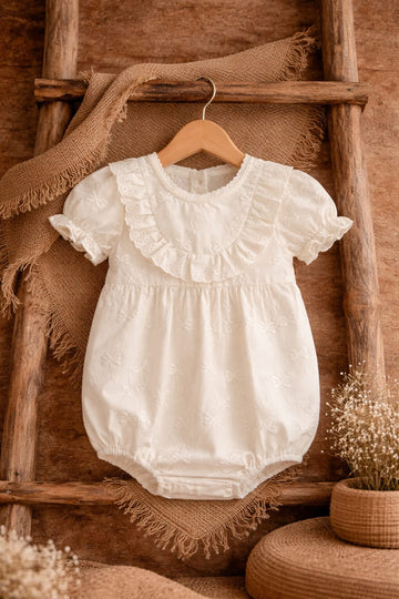 Baby Girl White Cotton Romper with Embroidered Frill Collar | Soft Summer Outfit (100% Cotton)