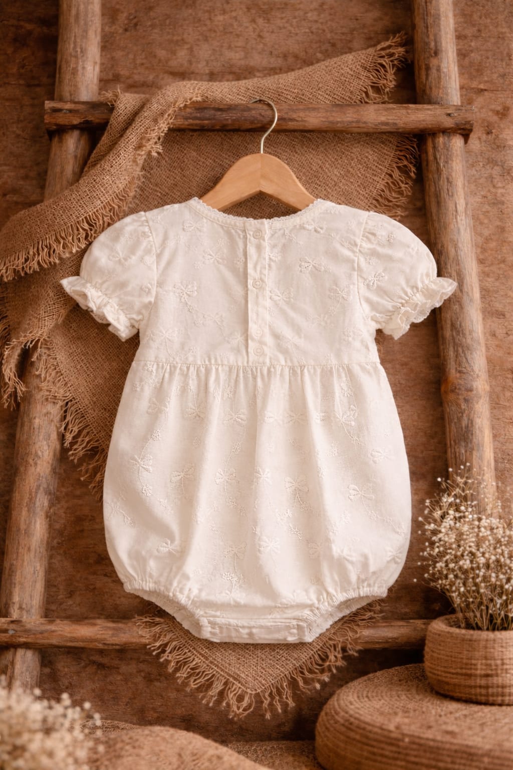 Baby Girl White Cotton Romper with Embroidered Frill Collar | Soft Summer Outfit (100% Cotton)