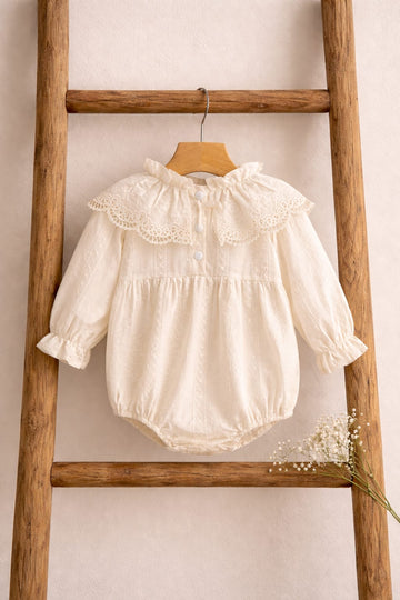 Elegant Baby Girl Cream Cotton Romper Dress with Lace Collar | Summer Outfit (Worsted Material)