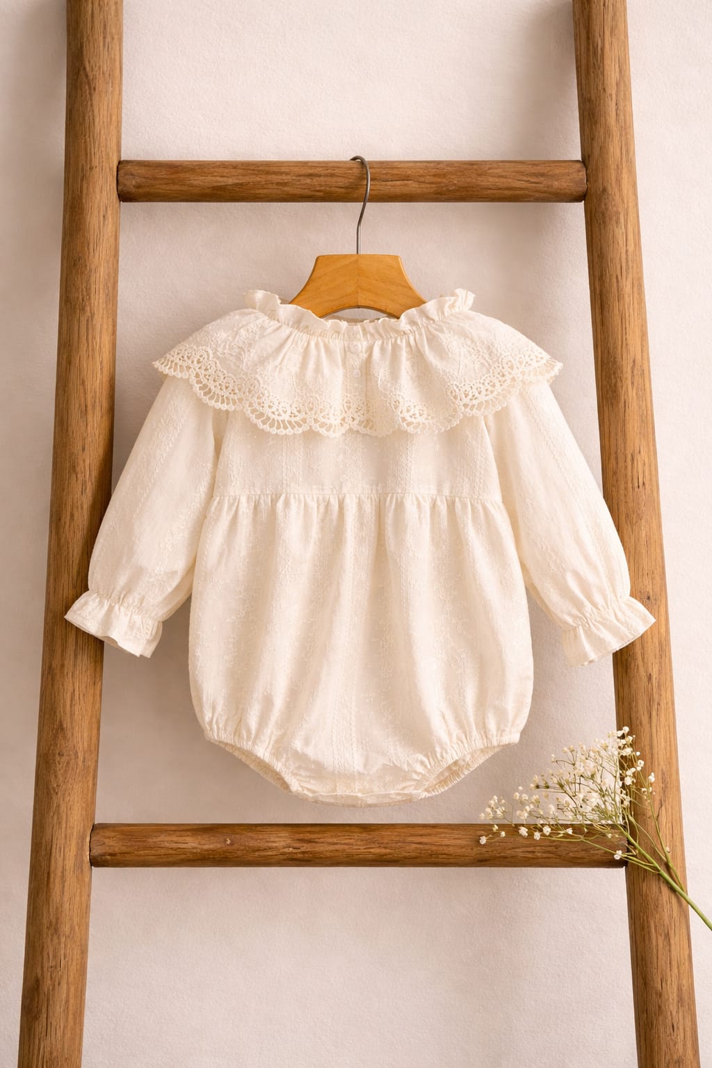 Elegant Baby Girl Cream Cotton Romper Dress with Lace Collar | Summer Outfit (Worsted Material)
