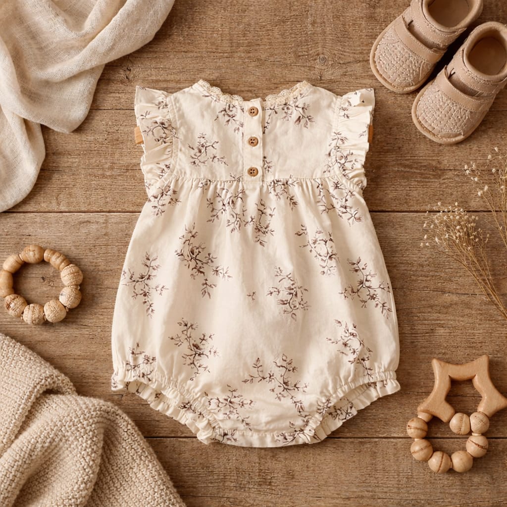 Floral Baby Girl Cotton Romper Dress | 100% Cotton Summer Outfit with Ruffle Sleeves