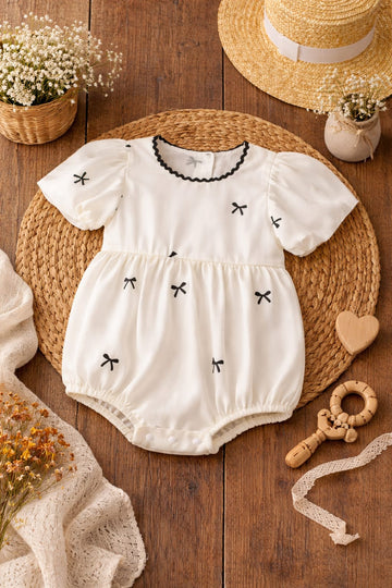 Baby Girl Bow Print Romper Dress with Puff Sleeves | Lightweight Summer Outfit