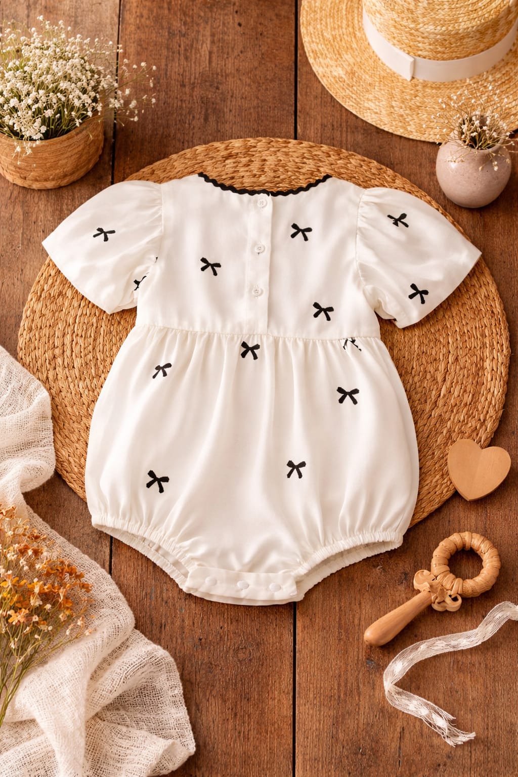 Baby Girl Bow Print Romper Dress with Puff Sleeves | Lightweight Summer Outfit