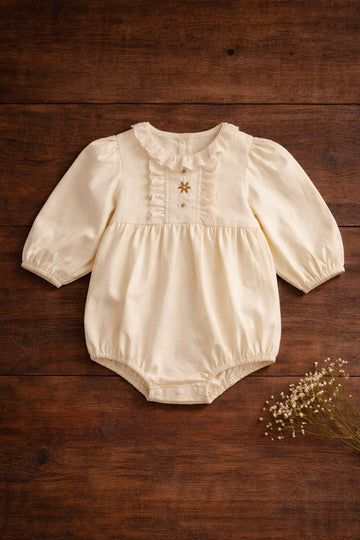 Baby Girl Cream Cotton Romper Dress with Frill Neck | Elegant Summer Outfit