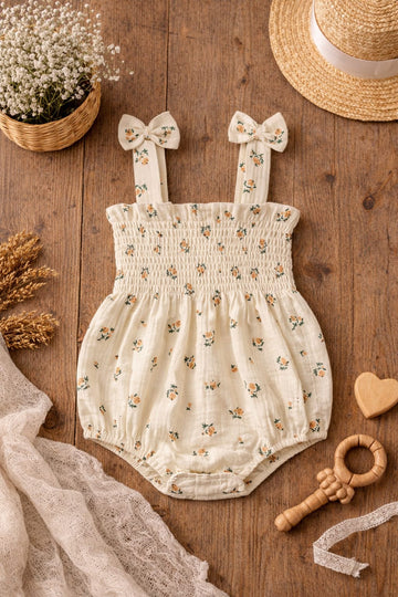 Baby Girl Floral Cotton Smocked Romper with Bow Straps | Cute Summer Outfit