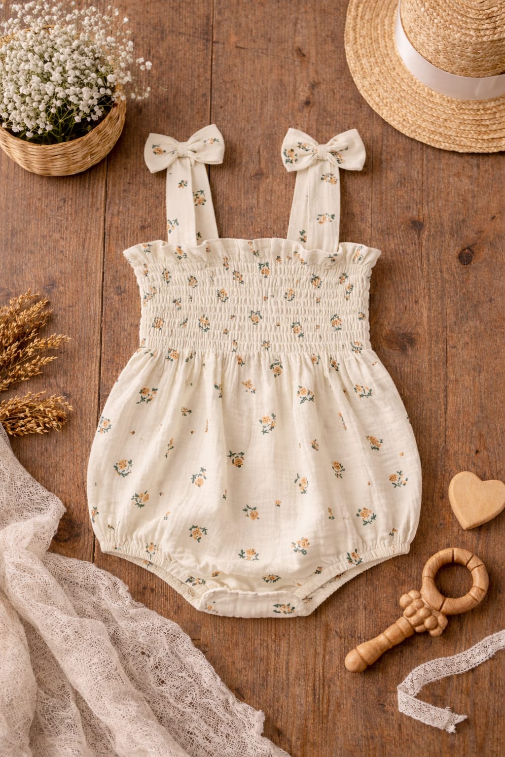 Baby Girl Floral Cotton Smocked Romper with Bow Straps | Cute Summer Outfit