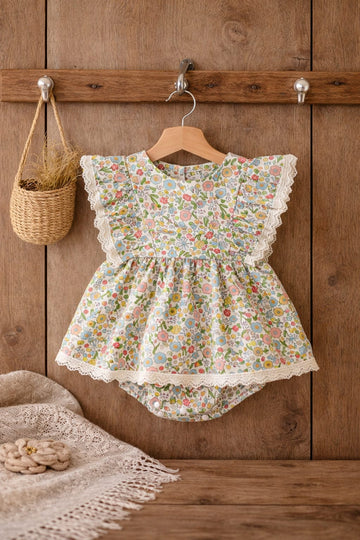 Baby Girl Floral Cotton Dress with Bloomers | Lace Trim Summer Outfit (100% Cotton)