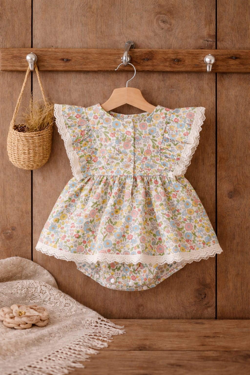 Baby Girl Floral Cotton Dress with Bloomers | Lace Trim Summer Outfit (100% Cotton)