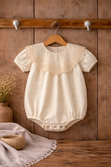 Baby Girl Cream Cotton Romper with Embroidered Lace Collar | Soft Summer Outfit (100% Cotton)