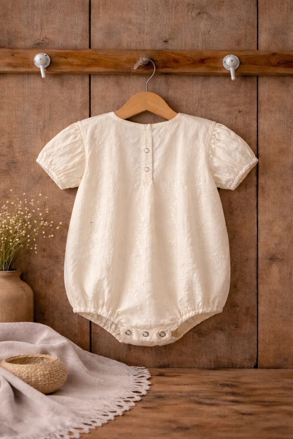 Baby Girl Cream Cotton Romper with Embroidered Lace Collar | Soft Summer Outfit (100% Cotton)