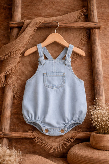 Baby Unisex Denim Look Cotton Romper with Adjustable Straps | Soft Summer Outfit (100% Cotton)
