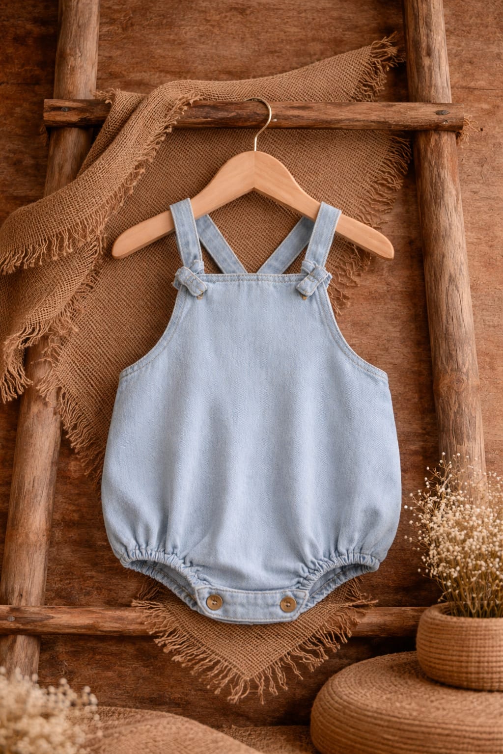 Baby Unisex Denim Look Cotton Romper with Adjustable Straps | Soft Summer Outfit (100% Cotton)