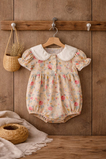 Baby Girl Floral Cotton Romper with Peter Pan Collar | Soft Summer Outfit (100% Cotton)
