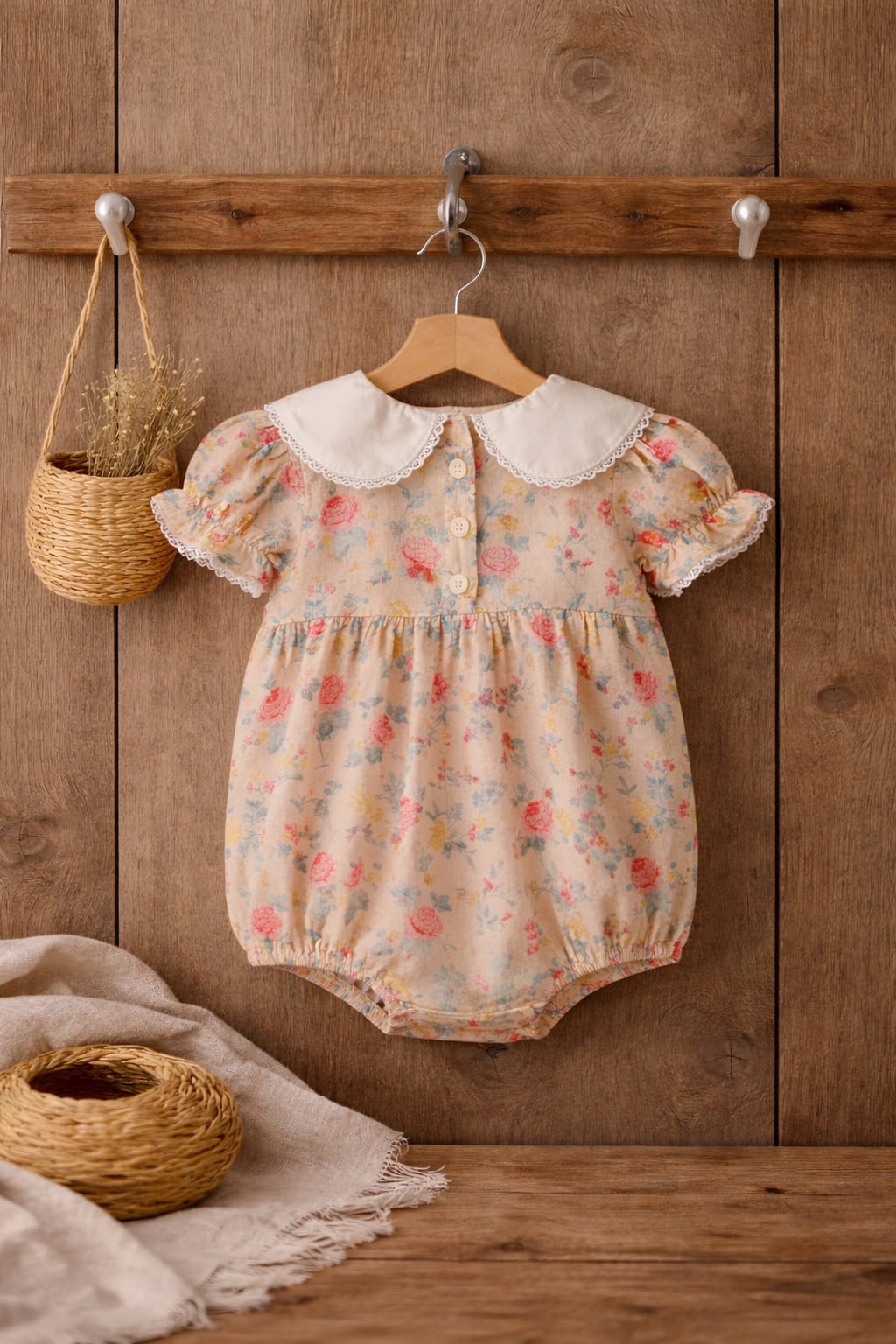 Baby Girl Floral Cotton Romper with Peter Pan Collar | Soft Summer Outfit (100% Cotton)