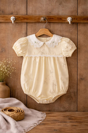 Baby Girl Embroidered Cotton Romper with Peter Pan Collar | Soft Summer Outfit (100% Cotton)