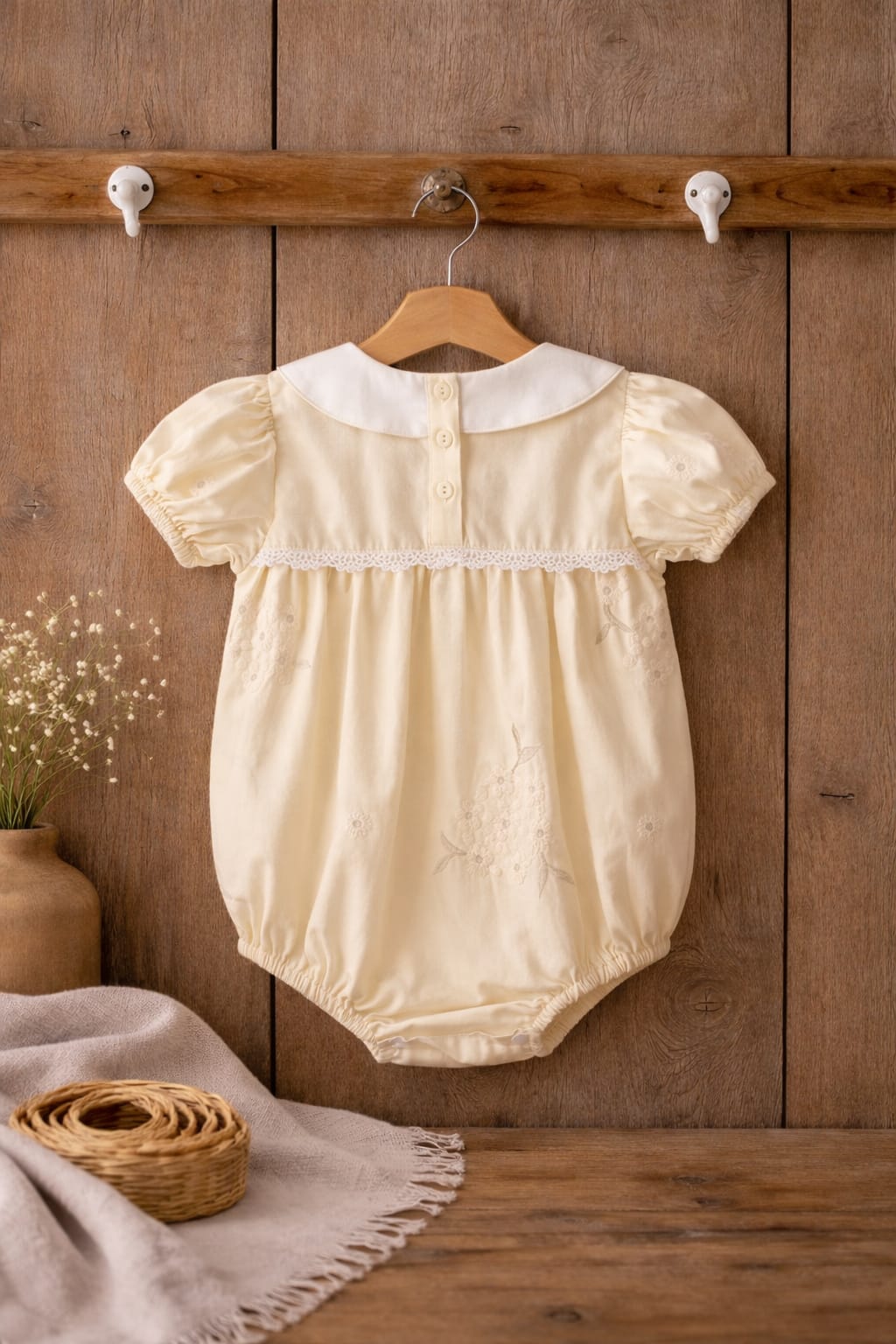 Baby Girl Embroidered Cotton Romper with Peter Pan Collar | Soft Summer Outfit (100% Cotton)