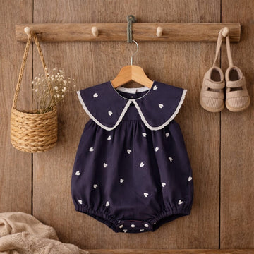 Baby Girl Navy Heart Print Cotton Romper with Collar | Soft Summer Outfit (100% Cotton)