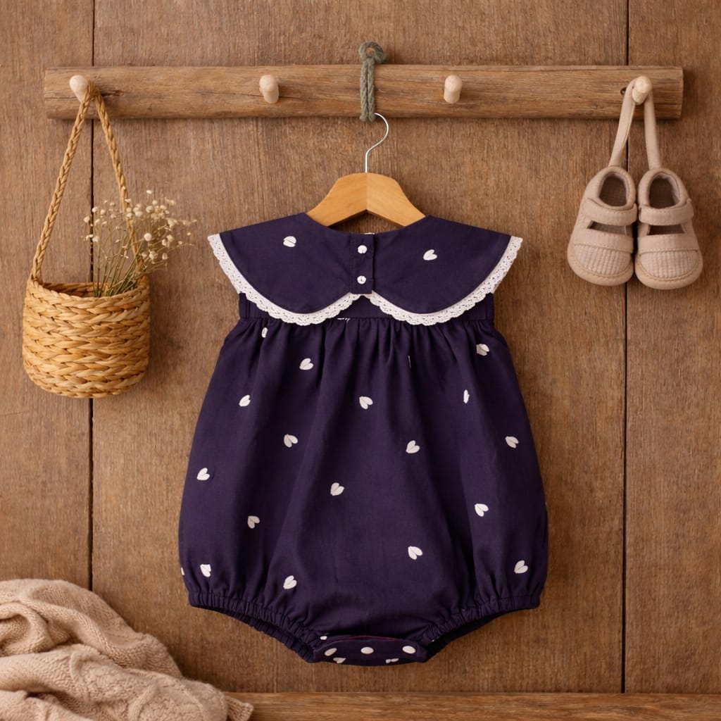 Baby Girl Navy Heart Print Cotton Romper with Collar | Soft Summer Outfit (100% Cotton)