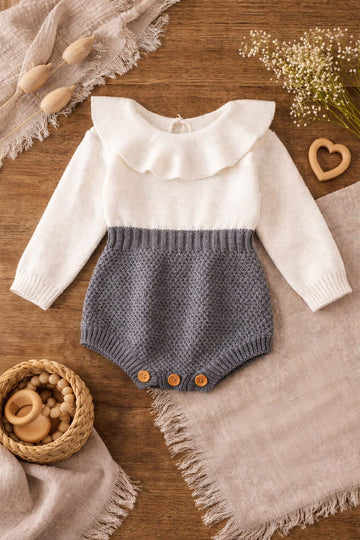 Baby Girl Knitted Cotton Romper with Ruffle Collar | Soft Winter Outfit (100% Cotton)