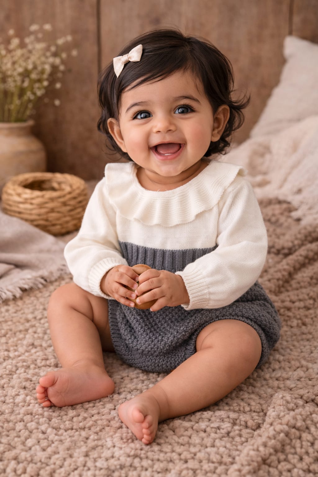 Baby Girl Knitted Cotton Romper with Ruffle Collar | Soft Winter Outfit (100% Cotton)