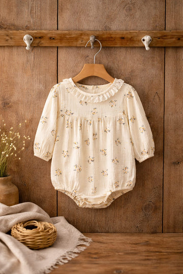 Baby Girl Floral Cotton Romper with Frill Neck | Soft Summer Outfit (100% Cotton)