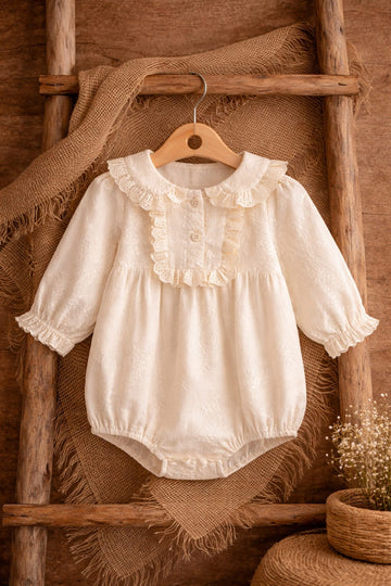 Baby Girl Lace Detail Cotton Romper with Frill Collar | Elegant Summer Outfit (Worsted Cotton)